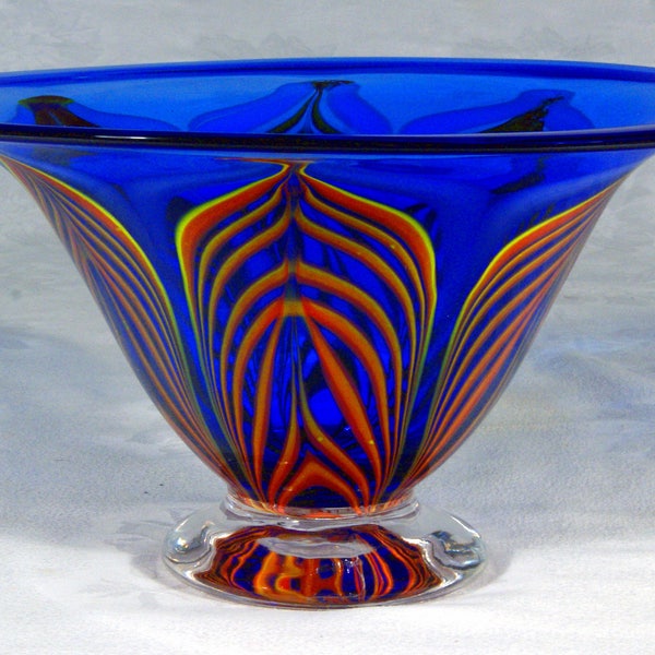 Pretty Cobalt Blue Bell Bowl with Fire Feathering and Blue Highlight Ring