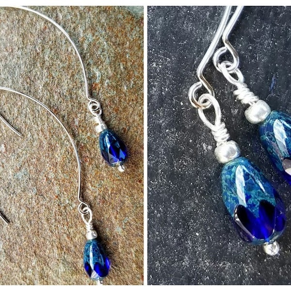 Blue, green & silver marquise earrings, September birthday gift, Sapphire birthstone jewelry, Boho Chic earrings, Gift for her under 20