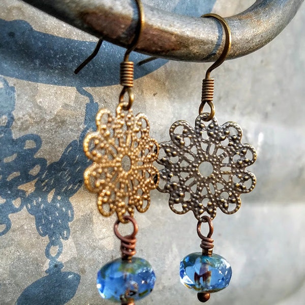 Antique brass earring Punched tin earring Flower boho earring Something blue beaded earring 4th 10th anniversary gift for her Gifts under 20