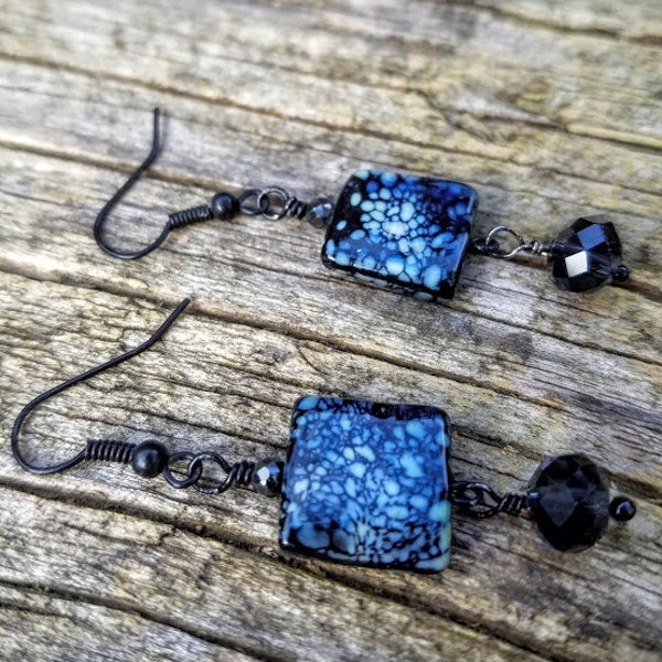 Black & navy blue earrings, Mini glass square tile earrings, Duke Blue Devils, Penn State, Dallas Cowboys gift for her under 20
