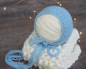 Blue Newborn Bonnet, Newborn Photography Props, Baby Boy Hat, Baby Bonnet, Newborn Knit Beanie, Knit Baby Hat, Photo Prop Hat, Newborn Hat