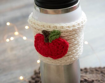 Apple Coffee Cozy / Coffee Mug Sleeve / Teacher Gift / Apple Travel Mug Cozy / Crochet Apple Cup Cozy / Gift Topper / Coffee Cup Accessory