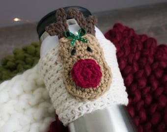 Reindeer Coffee Cup Sleeve / Christmas Mug Cozy / Holiday Mug Warmer / Crochet Mug Cozy / Travel Mug Cozy / Gift For Her / Teacher Gift