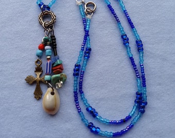 Blue beaded necklace, Multi charm beaded necklace, blue beaded jewelry, turquoise and gemstones charm necklace, cross and shells necklace