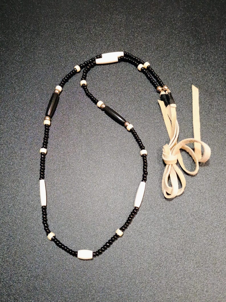 Buffalo bones and glass beads necklaces, Bones necklaces with leather strings, Beaded necklaces, Native necklace, Native jewelry black and white