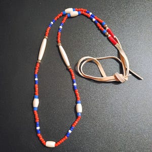Buffalo bones and glass beads necklaces, Bones necklaces with leather strings, Beaded necklaces, Native necklace, Native jewelry red blue and white