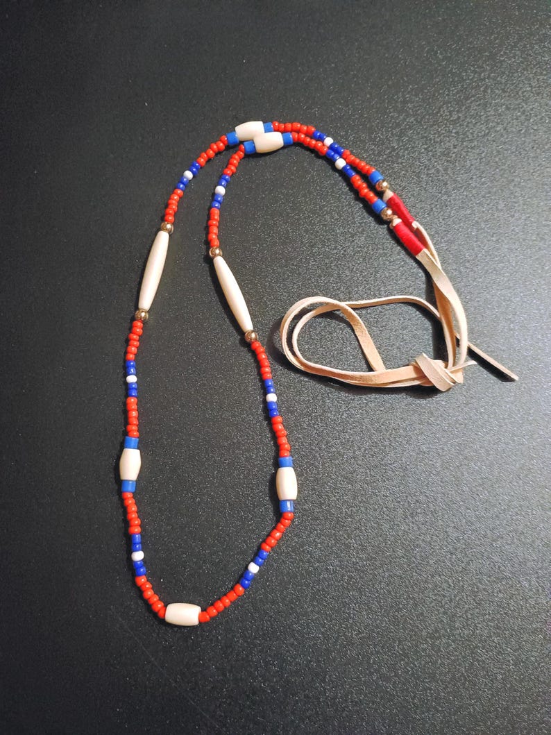 Buffalo bones and glass beads necklaces, Bones necklaces with leather strings, Beaded necklaces, Native necklace, Native jewelry red blue and white