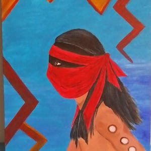 May include: A painting of a Native American person wearing a red blindfold. The background is blue with orange and red geometric shapes. The painting is signed "CIGM 04.2005".
