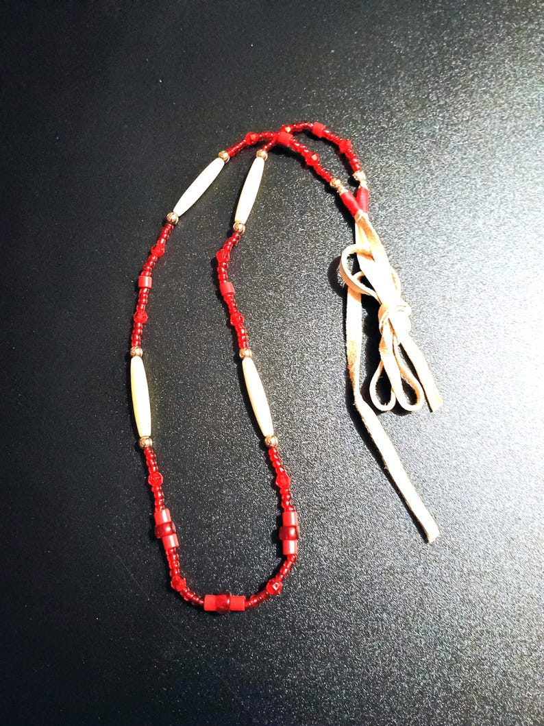 Buffalo bones and glass beads necklaces, Bones necklaces with leather strings, Beaded necklaces, Native necklace, Native jewelry red beads