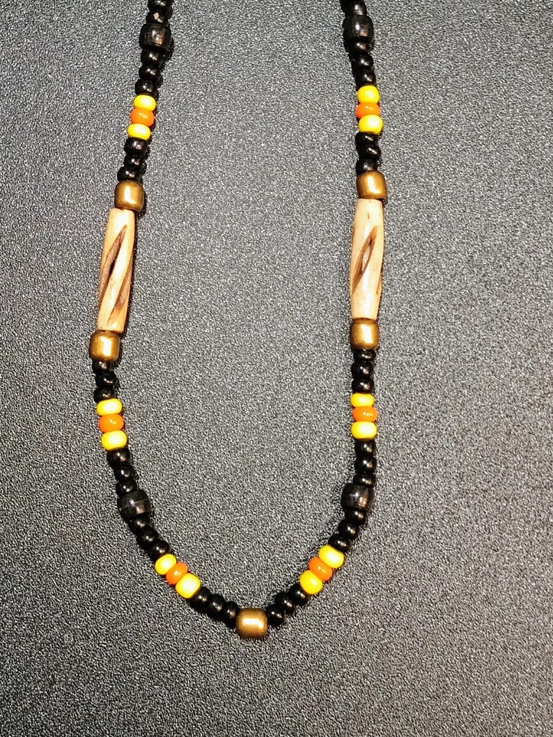 Buffalo bones and glass beads necklaces, Bones necklaces with leather strings, Beaded necklaces, Native necklace, Native jewelry Orange and black