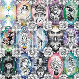Puede incluir: Un conjunto de 16 cartas de tarot con fondos coloridos e intrincadas ilustraciones en blanco y negro. Las cartas presentan una variedad de im&aacute;genes, incluyendo cuerpos celestes, animales y figuras humanas.