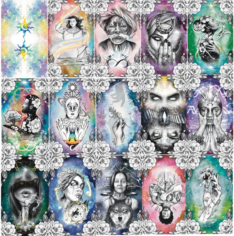 Puede incluir: Un conjunto de 16 cartas de tarot con fondos coloridos e intrincadas ilustraciones en blanco y negro. Las cartas presentan una variedad de im&aacute;genes, incluyendo cuerpos celestes, animales y figuras humanas.