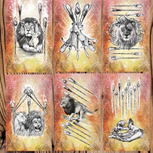 Puede incluir: Un conjunto de diez cartas de tarot con un le&oacute;n y un bast&oacute;n. Las cartas est&aacute;n ilustradas con un le&oacute;n y un bast&oacute;n en varias posiciones. Las cartas est&aacute;n numeradas del 1 al 10. Las cartas est&aacute;n sobre un fondo naranja, amarillo y blanco.