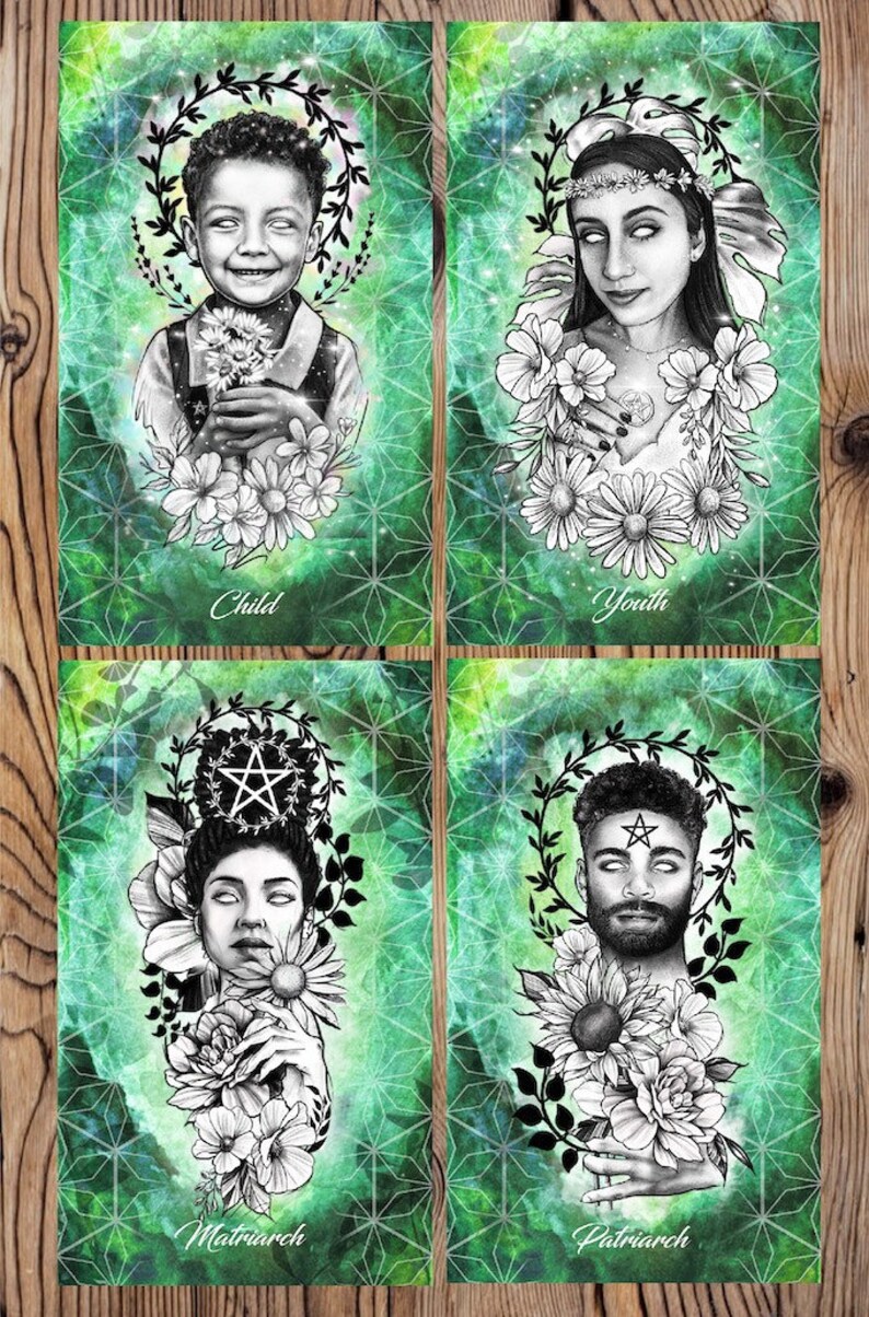Puede incluir: Cuatro impresiones de arte digital con fondos verdes e ilustraciones en blanco y negro de personas con flores. Las impresiones se titulan "Ni&ntilde;o", "Juventud", "Matriarca" y "Patriarca".