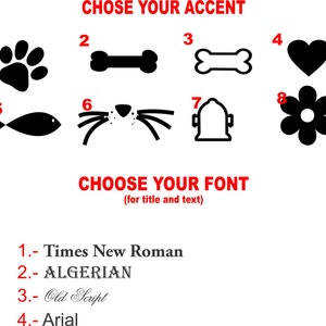 Pu&ograve; includere: Un grafico con otto diverse opzioni di accento tra cui scegliere, tra cui un'impronta di zampa, un osso, un cuore, un pesce, i baffi di un gatto, un idrante e un fiore. Il grafico include anche quattro opzioni di font tra cui scegliere: Times New Roman, Algerian, Old Script e Arial.