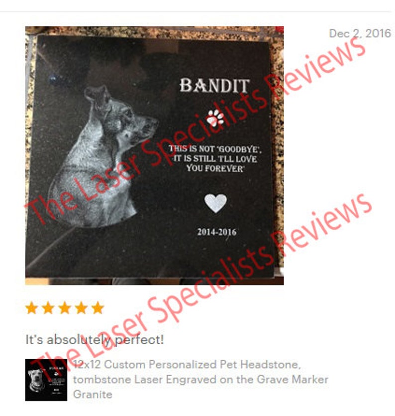 Pu&ograve; includere: Una lapide per animali domestici in granito nero con un'immagine incisa a laser di un cane e il testo "BANDIT", "THIS IS NOT 'GOODBYE', IT IS STILL 'TLL LOVE YOU FOREVER', 2014-2016".
