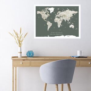 A2 Personalised World Map Framed Pinboard in Sage Green and Off White