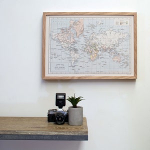 A2 Personalised World Map Wall Art Framed Map Pinboard, Push pin travel map World Map Art, Push Pin Map Travel Map Pinboard