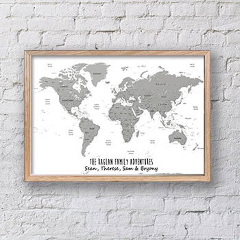 Large Personalised World Map Framed Pin Board in White and Grey 100cm X