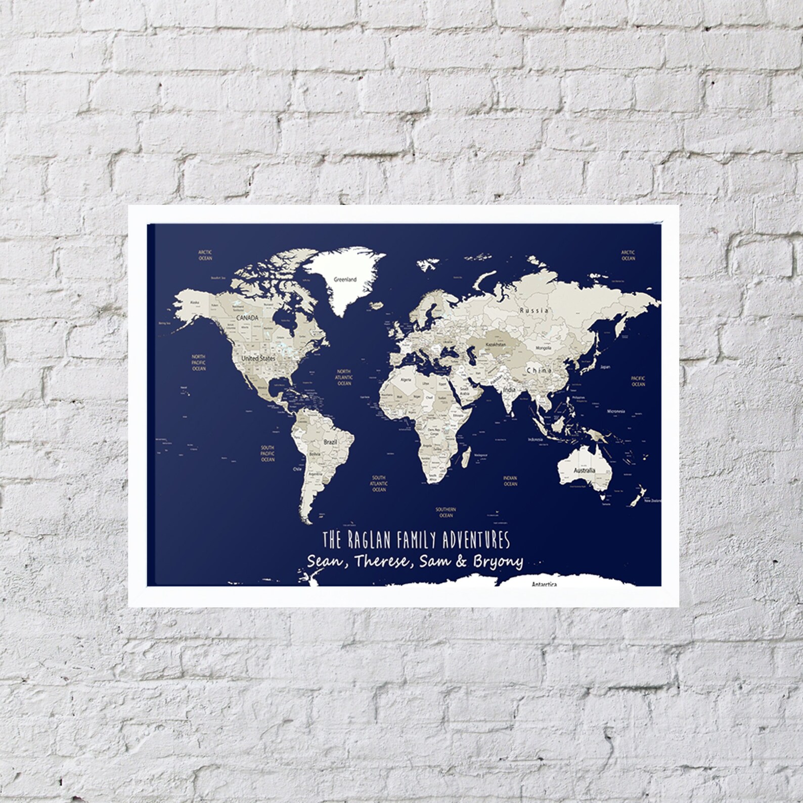 A2 Personalised World Map Framed Pin Board in Navy and off White - Etsy