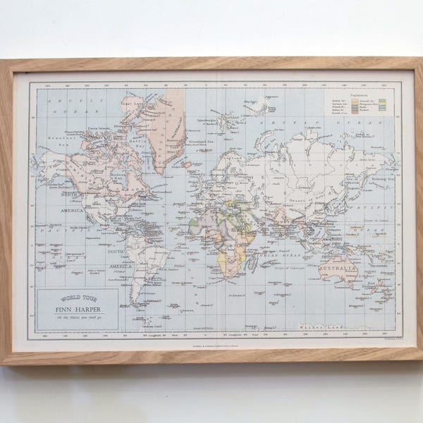 A1 Around the World - Personalized World Map pinboard in oak frame, vintage look customized travel map, wall art, first anniversary