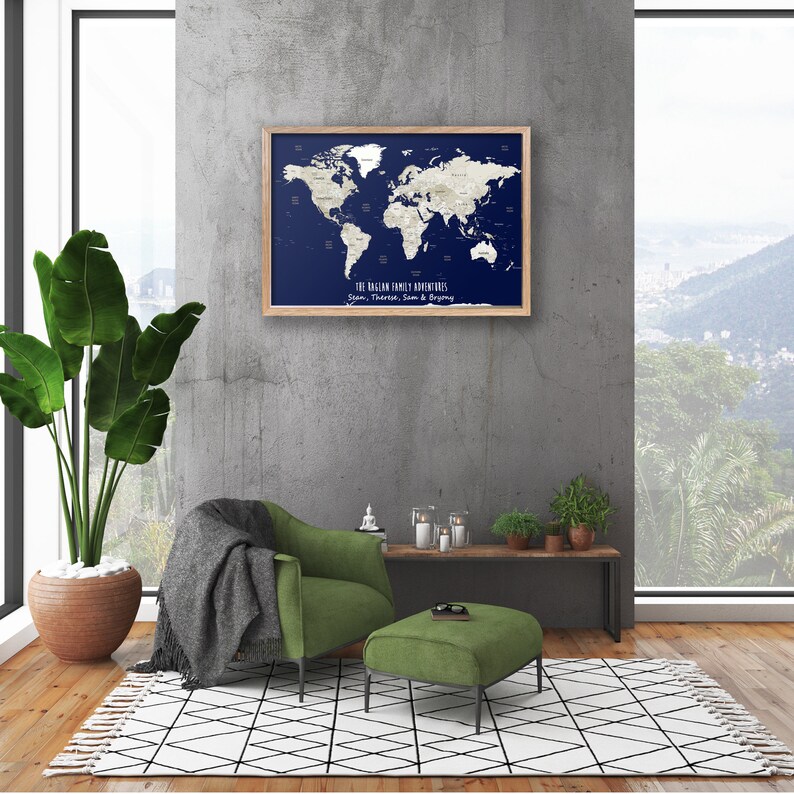 A2 Personalised World Map Framed Pin Board in Navy and off White - Etsy