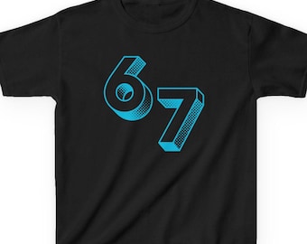 May include: Black t-shirt with the numbers '6' and '7' in a 3D, turquoise, dotted design. The numbers are positioned slightly off-centre, creating a visually appealing graphic.
