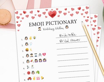 EMOJI PICTIONARY - Bridal Shower Game with Hearts | Watercolor | Pink Red | Love Theme [Instant Digital Download]
