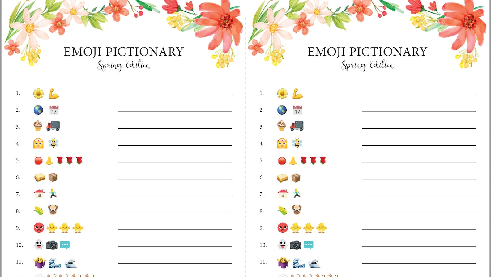 EMOJI PICTIONARY It's Spring Children's Party Game Flowers Earth Theme
