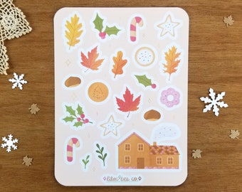 Gingerbread Cottage Sticker Sheet. Sugar Cookies, Maple Leaves, Oak Leaves, Chestnuts, Holly, Candy Canes. Christmas Holiday Sweets Stickers