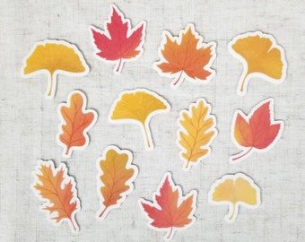 Set of 12 Small Fall Leaves Stickers. Yellow Ginkgo Leaves, Orange and Red Maple, Oak Leaf Water-resistant Decals. Autumn Aesthetic Stickers