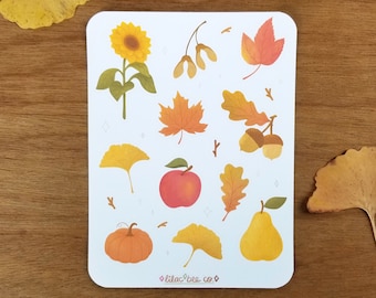 Autumn Botanicals Sticker Sheet. Ginkgo Leaves, Maple Leaf, Oak, Apple, Pear, Sunflower, Pumpkin, Acorns, Maple Seeds. Fall Plants Stickers