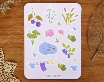 Lily Pond Sticker Sheet. Pink Lotus Flowers, Lily Pads, Blackberry, Blueberry, Cattails, Dragonfly. Pastel Summer Plants Aesthetic Stickers