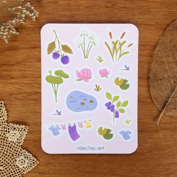 Lily Pond Sticker Sheet. Pink Lotus Flowers, Lily Pads, Blackberry, Blueberry, Cattails, Dragonfly. Pastel Summer Plants Aesthetic Stickers