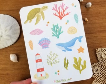 Sea Life Sticker Sheet. Aquatic Plants and Animals. Green Sea Turtle, Ocean Coral, Blue Whale, Seaweed, Seashells, Starfish, Red Lighthouse