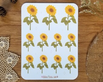 Sunflowers Sticker Sheet. Summer Sunflower Journaling Stickers. Summery Illustrated Sunflower Stickers. Pretty Yellow Autumn Flower Stickers