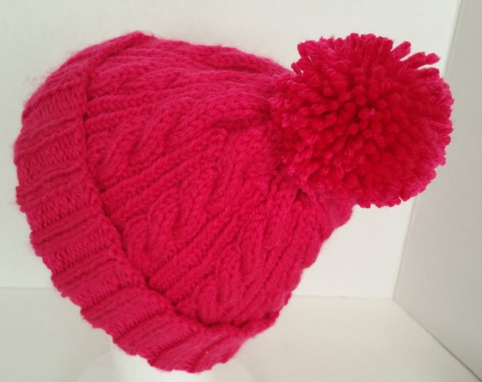 Hot Pink Cable Knit Hat With Pom Pom Hot Pink Knit Hat Cozy Knit Hat Winter Knit Hat Women Knit