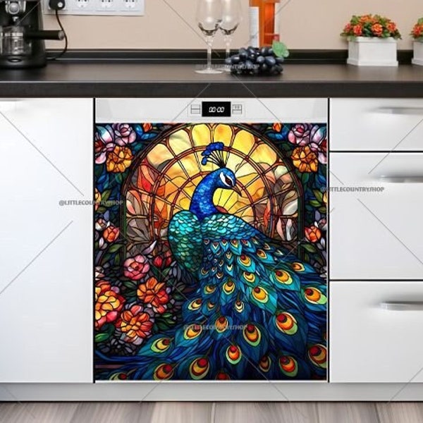 Kitchen Dishwasher Magnet Cover - Stained Glass Colorful Peacock Design #br110