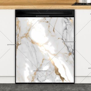 Kitchen Dishwasher Magnet Cover - White, Gray and Golden Color Marble Design #msc13