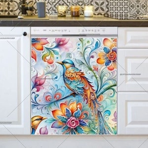 Kitchen Dishwasher Magnet Cover - Colorful Folklore Design with a Bird #md2401