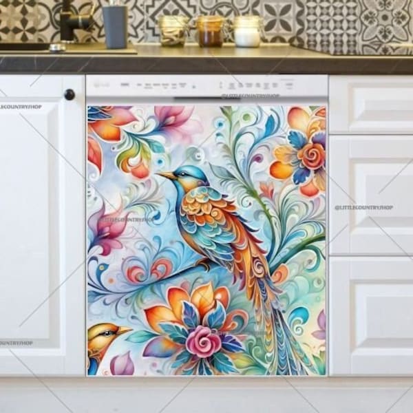 Kitchen Dishwasher Magnet Cover - Colorful Folklore Design with a Bird #md2401
