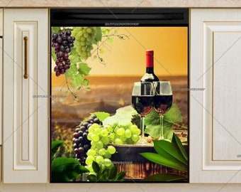 Kitchen Dishwasher Magnet Cover • Grapes and Red Wine in the Sunset • Cozy Home Decor • Decorative Cover #kc286