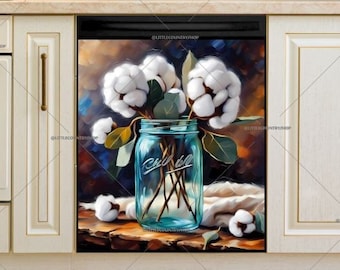 Kitchen Dishwasher Magnet Cover • Cotton and Eucalyptus Bouquet in a Mason Jar • Farmhouse Decor #md1709