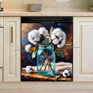 Kitchen Dishwasher Magnet Cover - Farmhouse Cotton and Eucalyptus Bouquet in a Mason Jar #md1709