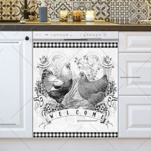 Kitchen Dishwasher Magnet Cover • Vintage Country Farmhouse Chicken Welcome • Retro Decor • Decorative Cover #fm170