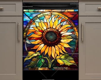 Sunflower Stained Glass Style Dishwasher Magnet Cover - U.S. duty free!! #md1641