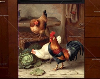 Kitchen Dishwasher Magnet Cover • Farmhouse Chickens and Rooster • Country Decor • Decorative Cover #fm71