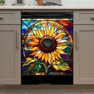 Kitchen Dishwasher Magnet Cover • Stained Glass Sunflower Design • Gift for Her #md1641