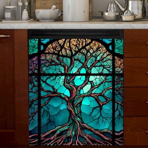 Kitchen Dishwasher Magnet Cover - Beautiful Stained Glass Tree Design #lnd66