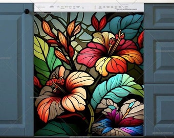 Kitchen Dishwasher Magnet Cover - Stained Glass Hibiscus Design #fl508